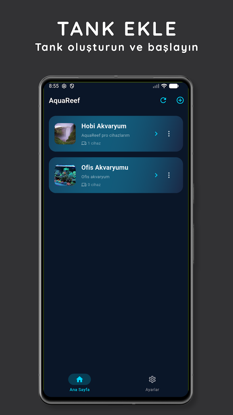 AquaReef app — tank ekleme ekranı