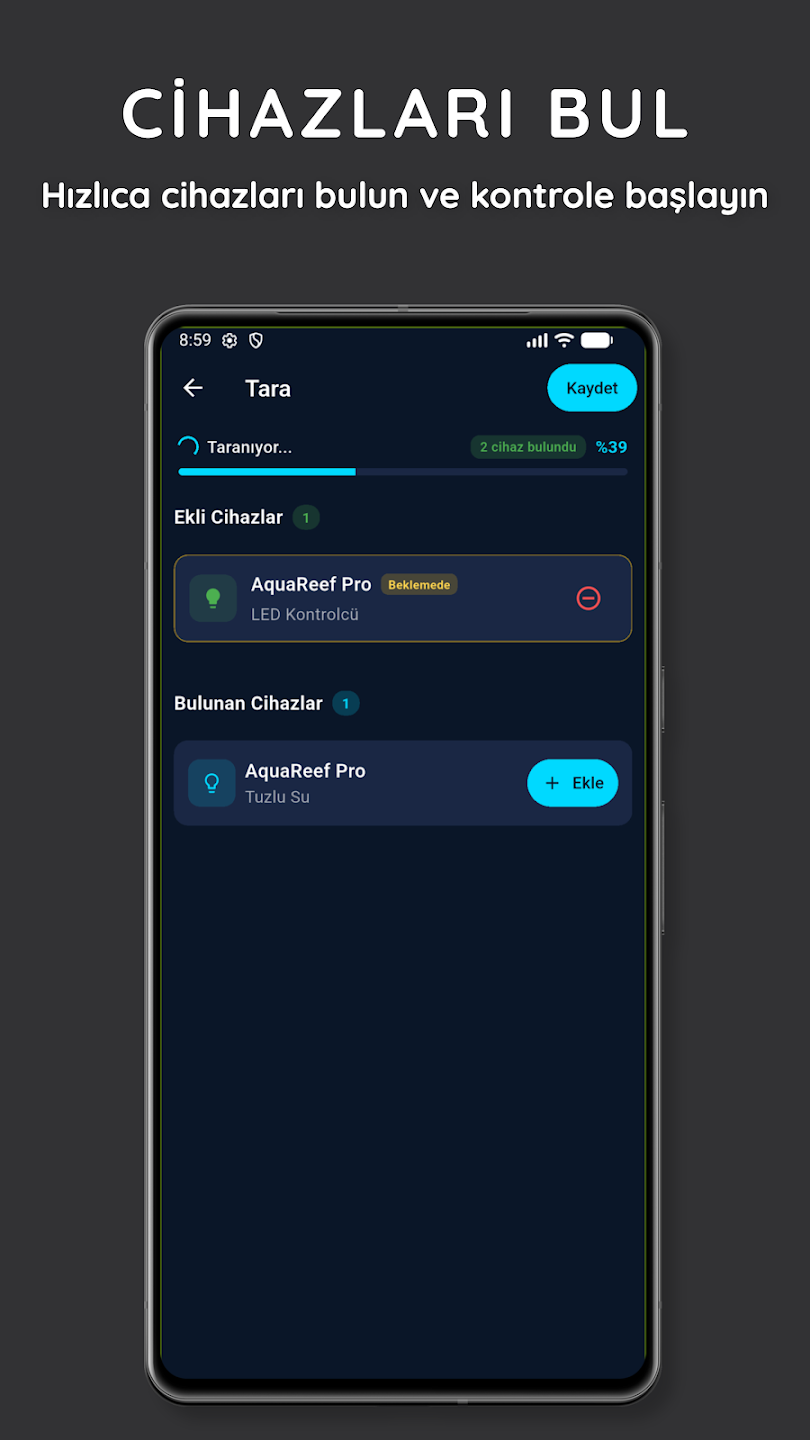 AquaReef app — cihaz tarama ve bağlama ekranı