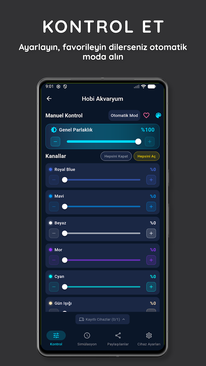 AquaReef app — manuel ve otomatik LED kontrol ekranı