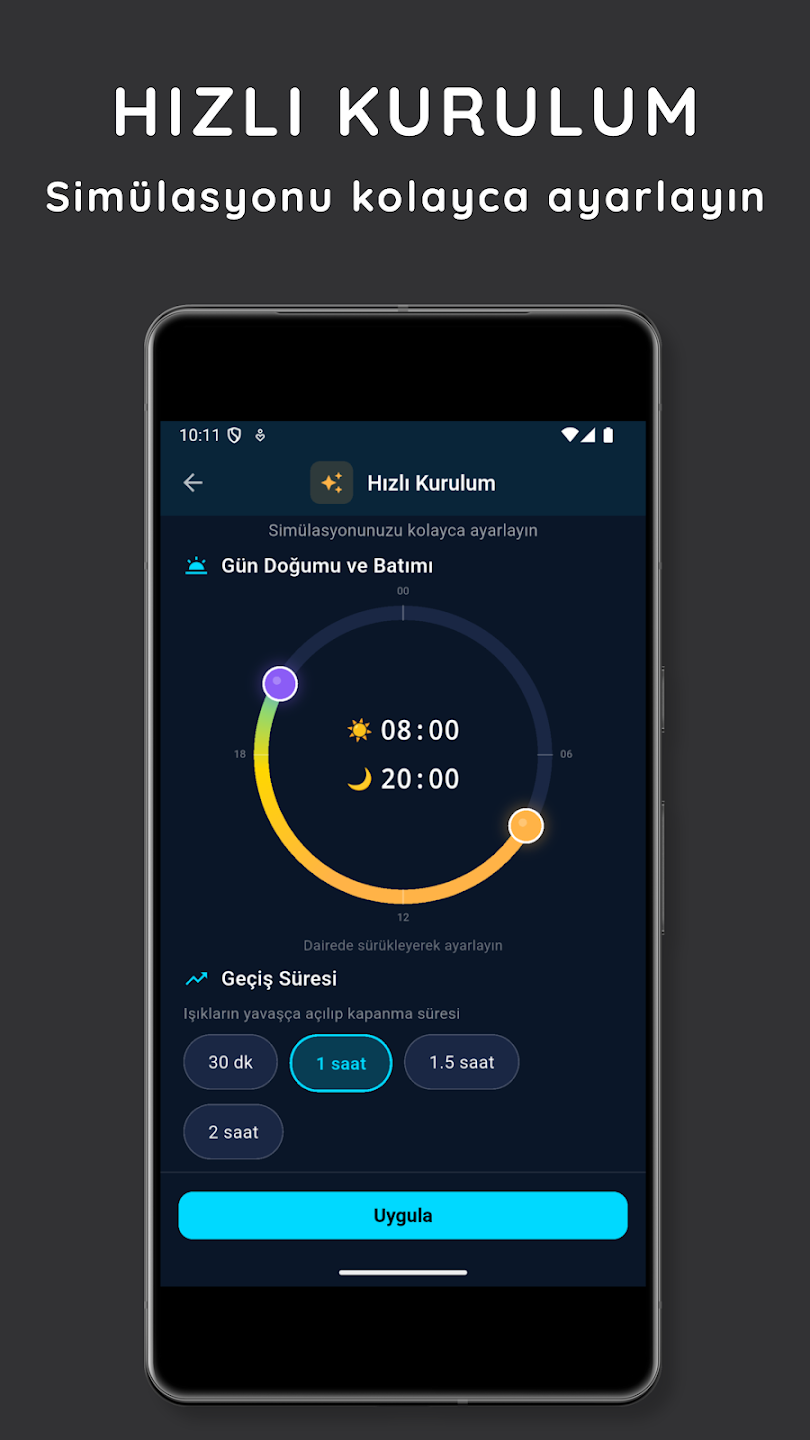 AquaReef app — hızlı kurulum ve gün doğumu/batımı ekranı
